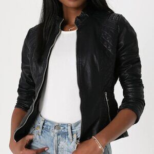 Lulu's Heartlines Black Vegan Leather Moto Jacket- Size L